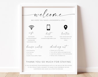 May include: A framed welcome sign with black text on a white background. The sign includes the word "welcome" in cursive, along with icons for Wi-Fi, a phone, and a location pin. It also lists house rules and check-out instructions.