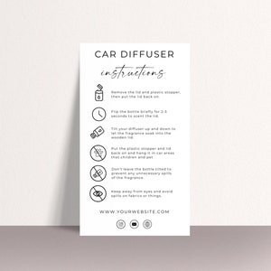 Tarjeta de cuidado del difusor del coche Canva, instrucciones de cuidado para pequeñas empresas, ambientador para el coche, tarjetas de agradecimiento, tarjeta con difusor para el coche, editable, Canva
