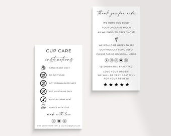 Cup Care Card Instructions Editable, Tumbler Care Instruction, Cup Thank You Card For Customers, Custom Care Card, Printable Template, Canva