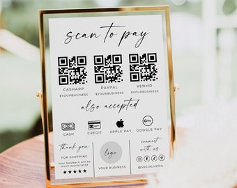 Enseigne de code QR pour entreprise, Scan to Pay, Enseigne de code QR modifiable, Modèle canva pour petite entreprise, Paiements Paypal acceptés imprimables, Venmo, Cashapp