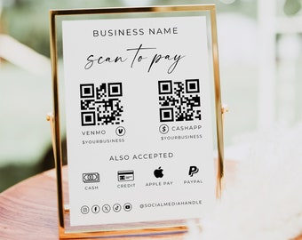 QR-codebord zakelijk scannen om te betalen, bewerkbaar QR-codebord, canvasjabloon voor kleine bedrijven, afdrukbare Paypal geaccepteerde betalingen, Venmo, Cashapp