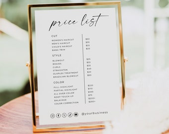 Prijslijstsjabloon voor een klein bedrijf, modern prijsbladbord, minimale salonprijslijst, prijslijstsjabloon, direct downloaden, Canva