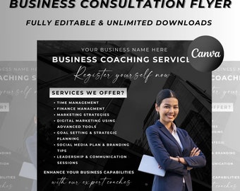 Ulotka biznesowa konsultanta, ulotka trenera biznesowego, gotowe planowanie coachingu biznesowego, szablon ulotki usługowej, przedsiębiorca, edytowalny, Canva