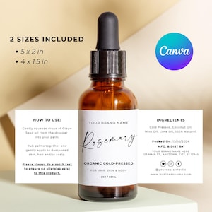 May include: A brown glass bottle with a black dropper, labelled "Rosemary Organic Cold-Pressed" for hair, skin, and body. The label includes ingredients and usage instructions. The bottle is 12.7 x 5.08 cm and 10.16 x 3.81 cm.