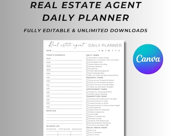 Agente imobiliário para planejador de negócios, lista de verificação diária do agente imobiliário, modelo imobiliário Canva, totalmente editável, download digital