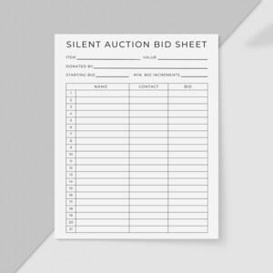 以下が含まれることがあります： 黒い文字で「SILENT AUCTION BID SHEET」と書かれた白い紙。品目、価値、寄贈者、開始入札額、最低入札額のセクションがあります。名前、連絡先、入札を記録するための表があり、21件の入札スペースがあります。