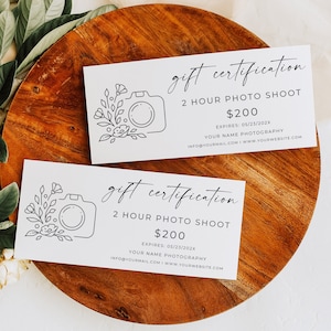 Certificado de regalo para sesión de fotos, certificado de regalo para fotografía, tarjeta de regalo electrónica, plantilla editable, plantilla imprimible, edición con Canva