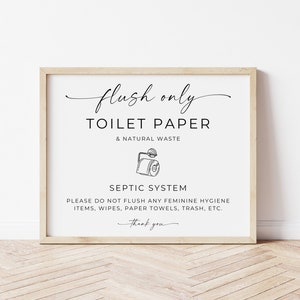 Cartello "Solo scarico carta igienica e rifiuti naturali", cartello stampabile per Airbnb, ufficio, casa vacanze, design elegante, modello modificabile, Canva