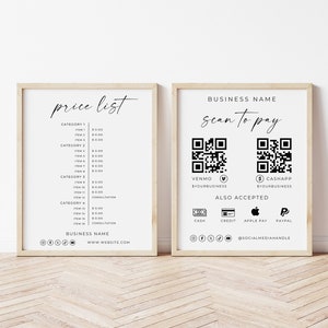 Preisliste und Scan-To-Pay-Vorlage, QR-Code-Business-Zeichen, druckbare Paypal Akzeptierte Zahlungen, Venmo, Pricing Guide Sheet, bearbeitbar, Canva