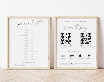 Price List And Scan To Pay Template, QR Code  Business Sign, Printable Paypal Accepted Payments, Venmo, Pricing Guide Sheet, Editable, Canva