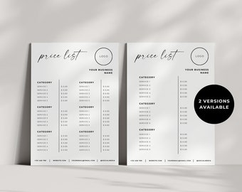 May include: A black and white price list template with the text "price list" and "YOUR BUSINESS NAME" at the top. The template has two columns with the headings "CATEGORY" and "SERVICE". The template includes space for a logo at the top.