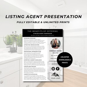 May include: A black and white presentation template for real estate agents. The template features a photo of a woman, a logo placeholder, and text that highlights the benefits of offering a buyer agent commission when listing a home for sale. The text includes phrases like "Increased Exposure", "Attracting Serious Buyers", "Professional Representation", "Expertise & Market Knowledge", "Streamlined Process", and "Competitive Advantage".
