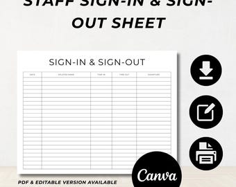 Staff Sign-In & Sign-Out Sheet Template, Fancy Font, Sign-In and Sign-Out Sheet Printable, PDF, US Letter, Fully Editable, Instant Download