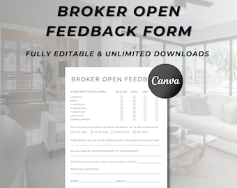 Broker Open House Feedback Form, Real Estate Agent Open House Feedback Form, Realtor Tour Feedback Form, Feedback Questionnaire, Canva