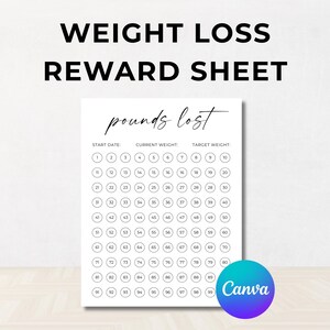 May include: A white weight loss reward sheet with the words "WEIGHT LOSS REWARD SHEET" in bold black letters. The sheet includes a section for "pounds lost" and a grid with numbers from 1 to 99 for tracking progress. The Canva logo is in the bottom right corner.