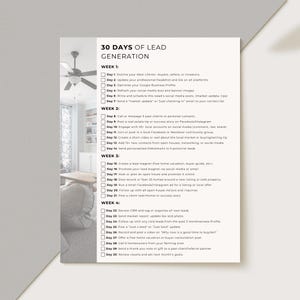K&ouml;nnte beinhalten: Ein wei&szlig;es Papier mit dem Titel "30 Days of Lead Generation" mit einer Checkliste von Aufgaben f&uuml;r Immobilienfachleute. Das Dokument ist in w&ouml;chentliche Abschnitte unterteilt, wobei jeder Tag einen bestimmten Aktionspunkt enth&auml;lt.