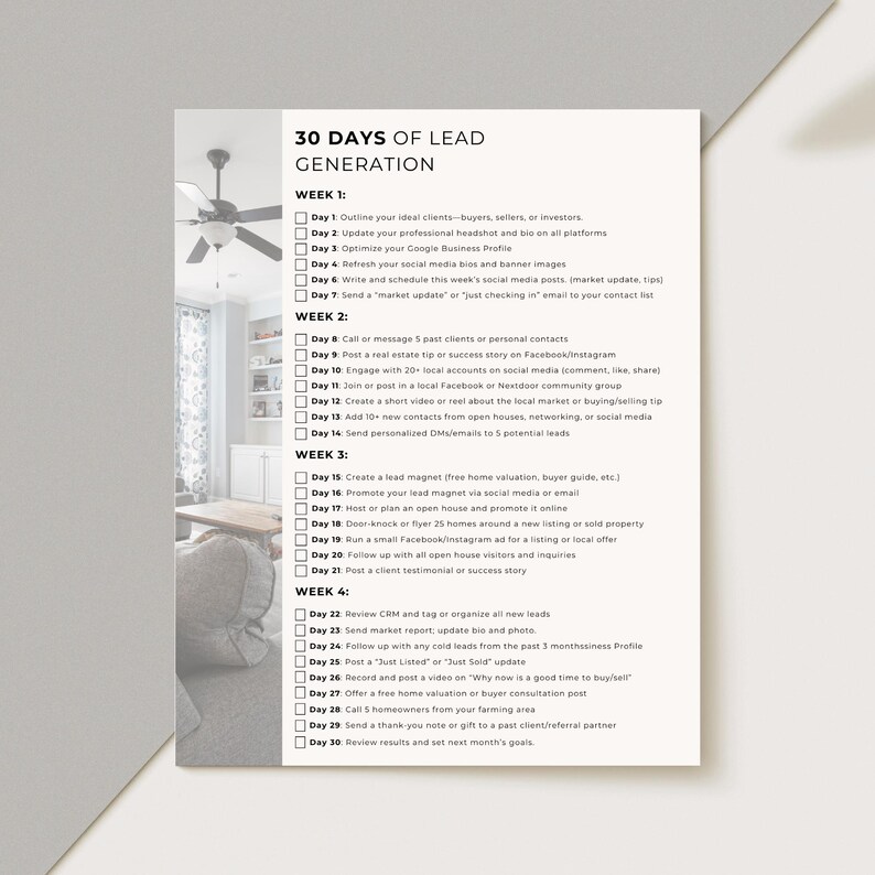 K&ouml;nnte beinhalten: Ein wei&szlig;es Papier mit dem Titel "30 Days of Lead Generation" mit einer Checkliste von Aufgaben f&uuml;r Immobilienfachleute. Das Dokument ist in w&ouml;chentliche Abschnitte unterteilt, wobei jeder Tag einen bestimmten Aktionspunkt enth&auml;lt.