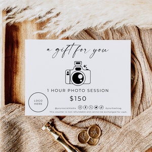 Fotosession-Geschenkgutschein, Fotografie-Geschenkgutschein, elektronische Geschenkkarte, bearbeitbare Vorlage, druckbare Vorlage, bearbeiten mit Canva