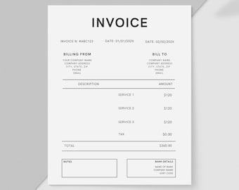 Modèle de facture pour petite entreprise, Modèle de facturation vierge, Facture de services aux petites entreprises, Téléchargeable, Facture modifiable, Canva