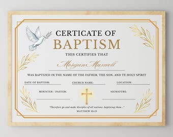 Baptism Certificate Template, Certificate Of Baptism, Baby Baptism Certificates, Printable, Fully Editable, Instant Download, Canva