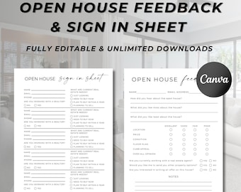 Könnte beinhalten: Ein schwarzes und weißes, druckbares Anmeldeformular und Feedback-Formular für ein offenes Haus. Das Anmeldeformular fragt nach Name, E-Mail, Telefonnummer und ob die Person mit einem Makler zusammenarbeitet. Es fragt auch nach ihren Immobilienbedürfnissen. Das Feedback-Formular fragt nach Name, E-Mail-Adresse, wie die Person von dem offenen Haus erfahren hat, was ihr an dem Haus gefallen und nicht gefallen hat und ihre allgemeine Meinung. Es fragt auch, ob sie mit einem Makler zusammenarbeiten, ob sie andere Immobilien sehen möchten und ob sie daran interessiert sind, ein Angebot abzugeben. Das Formular enthält einen Abschnitt für Notizen.
