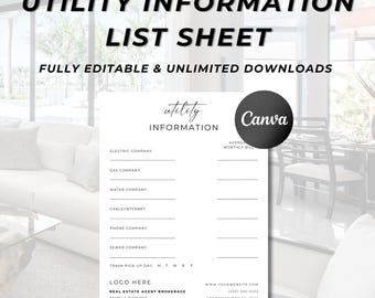 Información de servicios públicos para el sector inmobiliario, marketing inmobiliario, lista de proveedores de servicios públicos para el sector inmobiliario, plantilla editable de Canva, imprimible, descargable