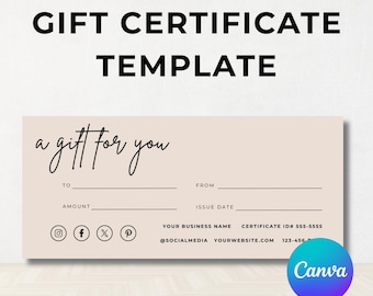 Gift Certificate Business Template, Add Logo Minimal Gift Certificate Card, Modern Gift Certificate, Editable Gift Voucher, Download, Canva
