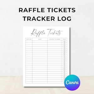 Può includere: Un foglio di carta bianco intitolato "RAFFLE TICKETS TRACKER LOG" con il titolo "Raffle Tickets" scritto a mano. Il registro include colonne per il numero della lotteria, il nome, il numero di contatto e lo stato pagato. Un logo Canva si trova nell'angolo in basso a destra.