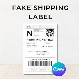 May include: A white and black shipping label with the text "FAKE SHIPPING LABEL". The label includes sections for the shipping company name, recipient's address, and tracking information. The label also has a QR code and a barcode.