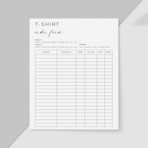 T Shirt Order Form Canva Template, Editable Shirt Order Form, Printable T-Shirt Order Forms, Small Business, Editable, Instant Download