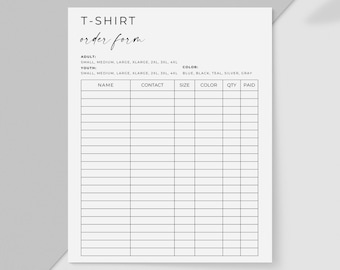 T Shirt Order Form Canva Template, Editable Shirt Order Form, Printable T-Shirt Order Forms, Small Business, Editable, Instant Download