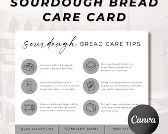 Sourdough Bread Care Card, Bread Care Instructions, Bread Care Card Template, Instant Download, Editable, Canva