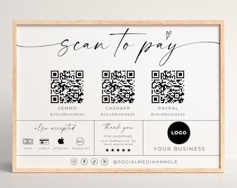 QR Code Sign Business Scan To Pay, Editable QR Code Sign, Small Business Canva Template, Printable Paypal Accepted Payments, Venmo, Cashapp