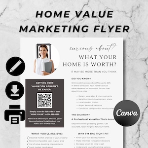 以下が含まれることがあります： 上部に「HOME VALUE MARKETING FLYER」というテキストが入った白いチラシ。チラシには、フォルダーを持っている女性の写真、QRコード、「あなたの家の価値は？」と「正確な専門的な評価」というテキストが含まれています。