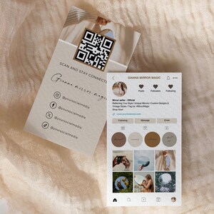 May include: A social media page for a business called "Gianna Mirror Magic" that sells unique mirrors. The page features a QR code to scan and stay connected, a link to the business website, and a grid of images of different mirrors.