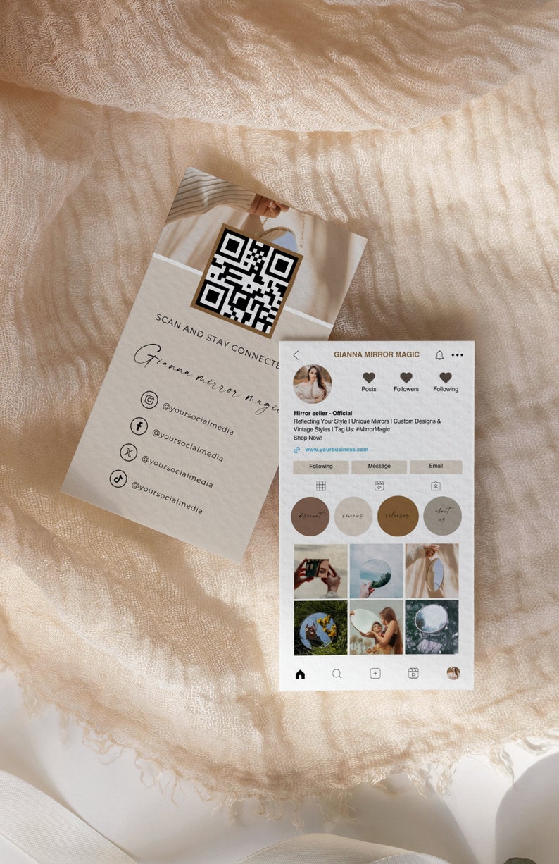 May include: A social media page for a business called "Gianna Mirror Magic" that sells unique mirrors. The page features a QR code to scan and stay connected, a link to the business website, and a grid of images of different mirrors.