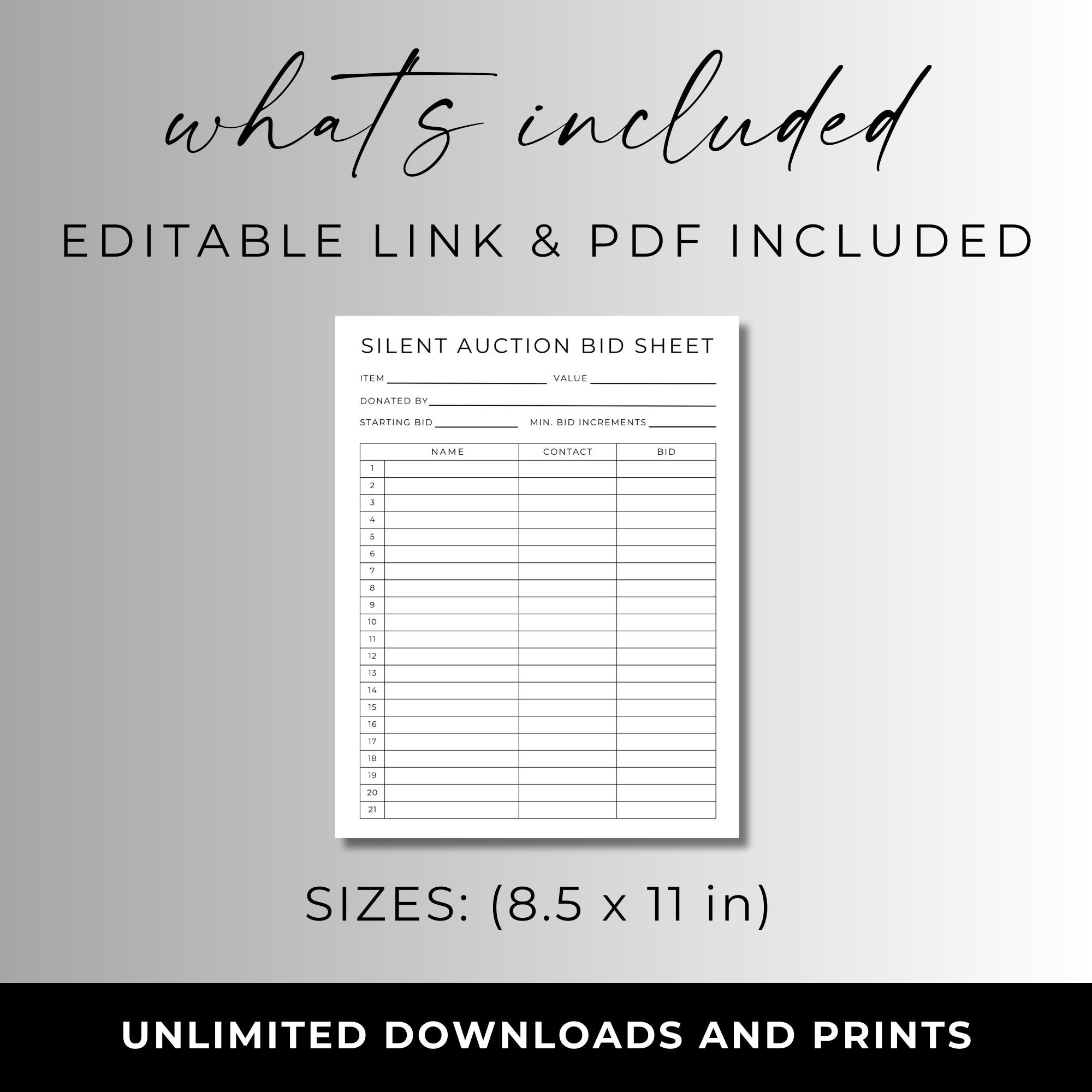 Silent Auction Bid Sheet Template, Silent Auction Sign up Sheet ...
