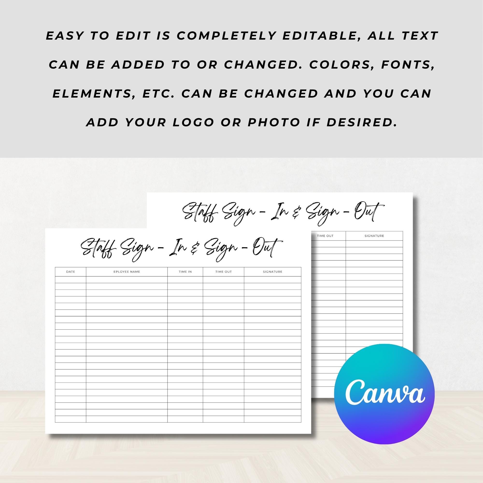 Staff Sign-in & Sign-out Sheet Template, Fancy Font, Sign-in and Sign ...