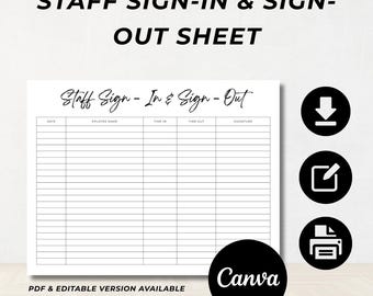 Staff Sign-In & Sign-Out Sheet Template, Fancy Font, Sign-In and Sign-Out Sheet Printable, PDF, US Letter, Fully Editable, Instant Download
