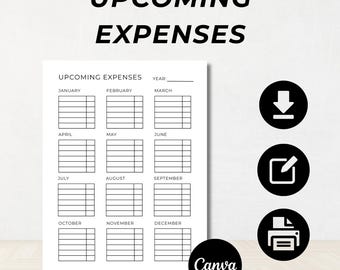 Upcoming Expenses, Budget Planner, Yearly Spending Overview, US Letter Size, Fully Editable, Instant Download, Canva