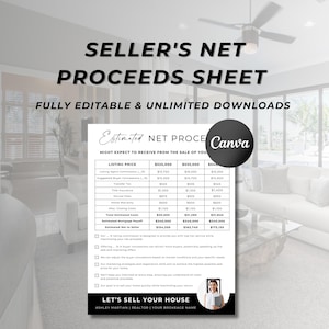 Puede incluir: Una plantilla de hoja de cálculo de ingresos netos del vendedor imprimible diseñada para agentes inmobiliarios. La hoja incluye una tabla con los costos y los ingresos estimados para la venta de una casa a diferentes precios de lista. La plantilla es totalmente editable e incluye descargas ilimitadas. El texto "Ingresos netos estimados" está resaltado en negro y el texto "Canva" está en un círculo negro.