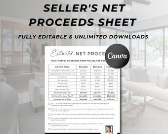 Real Estate Sellers Net Sheet, Seller's Net Proceeds Sheet, Realtor Marketing, Home Seller Net Proceeds, Editable Seller's Net Sheet, Canva