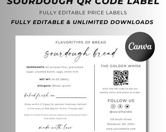 Cottage Law Sourdough Label With QR code, Sourdough Label Template, Bread Care Tips, Bread Care Card, Ingredient Label, Bakery Labels, Canva