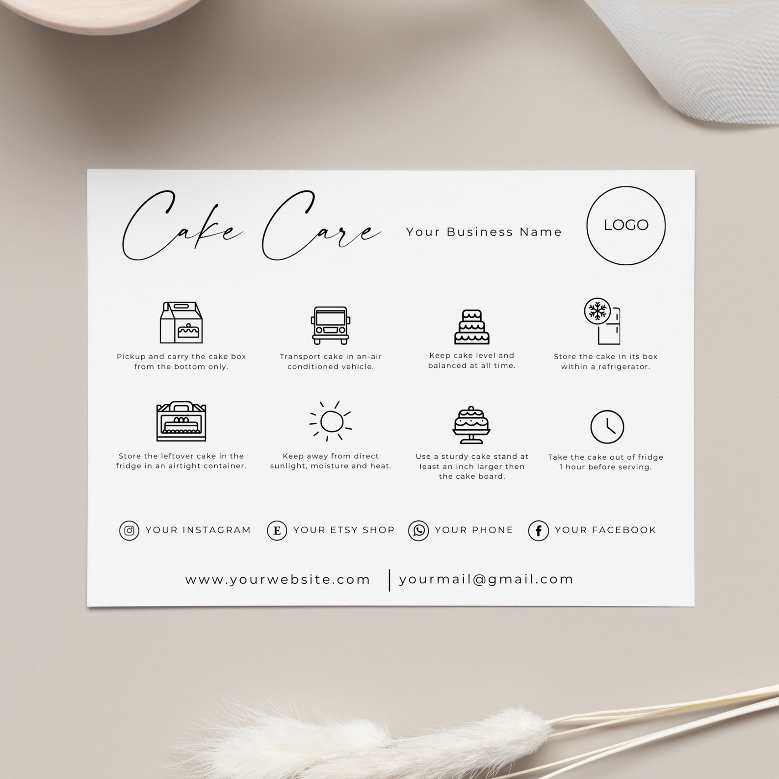 Cake Care Card and Thank You, Cake Instructions Card, Cards Cake Card ...