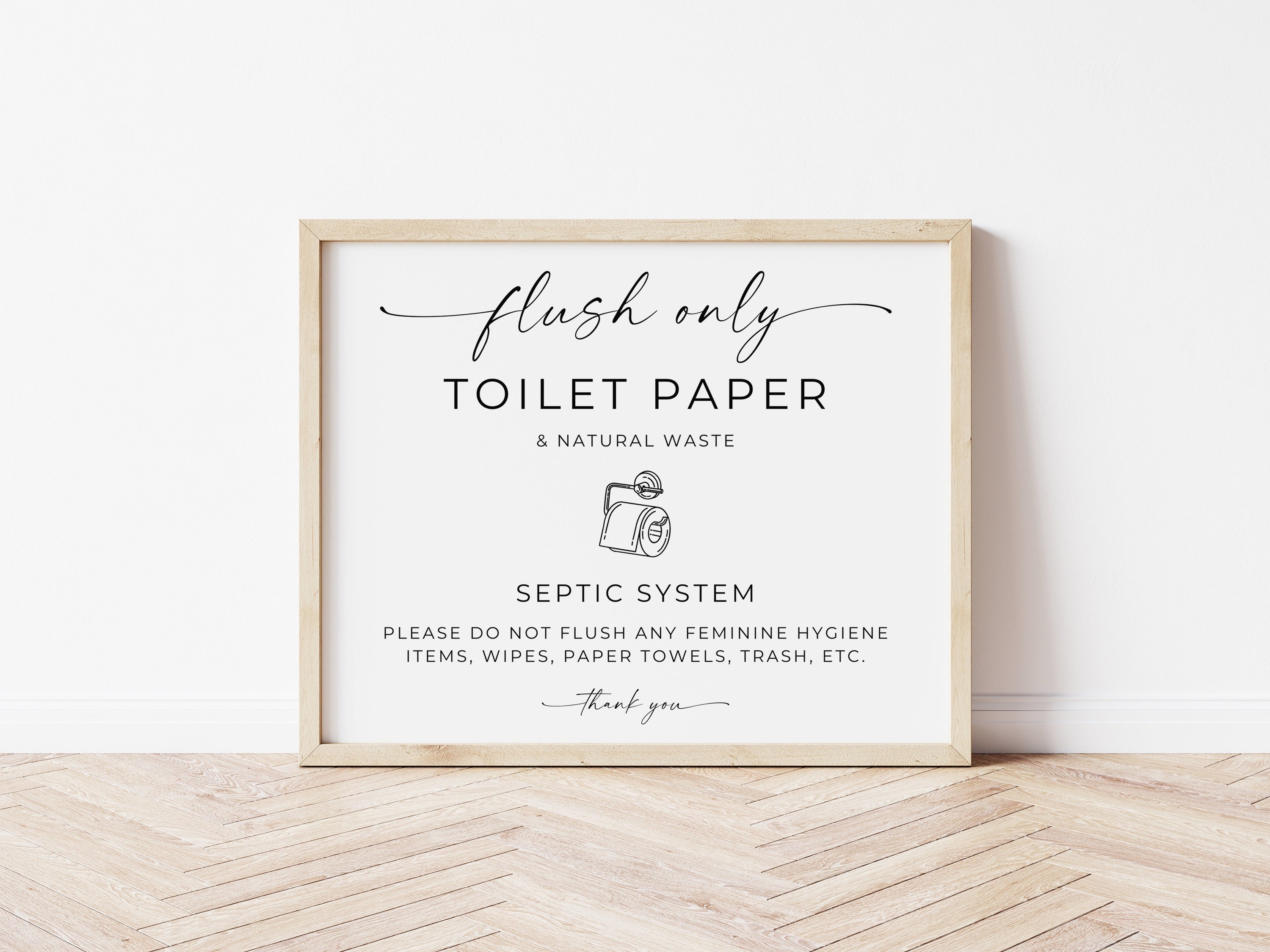 Flush Only Toilet Paper & Natural Waste Sign, Printable Sign for Airbnb, Office, Vacation Rental, Elegant Design, Editable Template, Canva