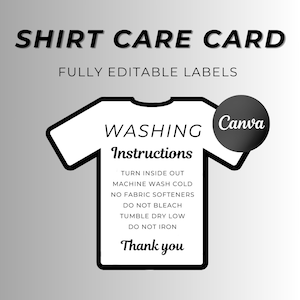 T Shirt Care Card, Care Instruction Card SVG, Printable Washing Instructions for Small Business Supplies, Ready To Print, Download, Canva