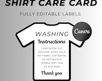 T Shirt Care Card, Care Instruction Card SVG, Printable Washing Instructions for Small Business Supplies, Ready To Print, Download, Canva