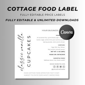 Étiquette d'aliment Cottage pour produits de boulangerie maison, Étiquettes d'ingrédients pour aliments, Carte modifiable d'autocollants de boulangerie, Autocollants de boulangerie maison, Téléchargement, Toile