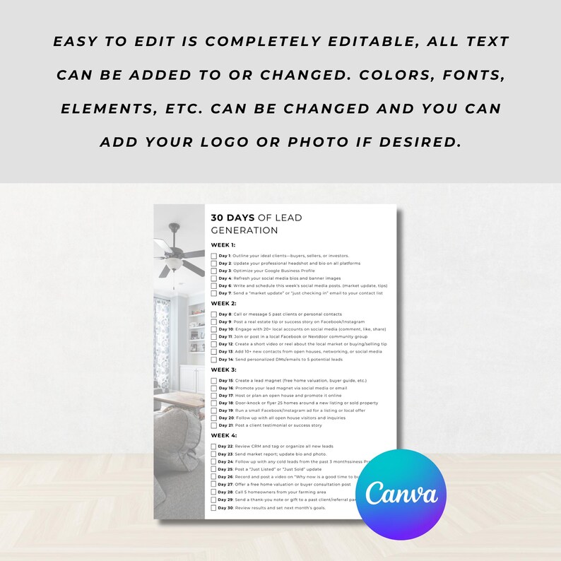K&ouml;nnte beinhalten: Ein wei&szlig;es Dokument mit dem Titel "30 Days of Lead Generation" und einer Checkliste. Das Dokument enth&auml;lt Text wie "Einfach zu bearbeiten ist vollst&auml;ndig editierbar" und "F&uuml;gen Sie Ihr Logo oder Foto hinzu, falls gew&uuml;nscht." Ein Canva-Logo befindet sich unten rechts.