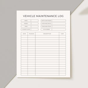 May include: A white Vehicle Maintenance Log with black text. The log includes fields for make, model, year, license plate, date purchased, purchase price, purchase from, and VIN number. It also has sections for date, mileage, description, and cost.